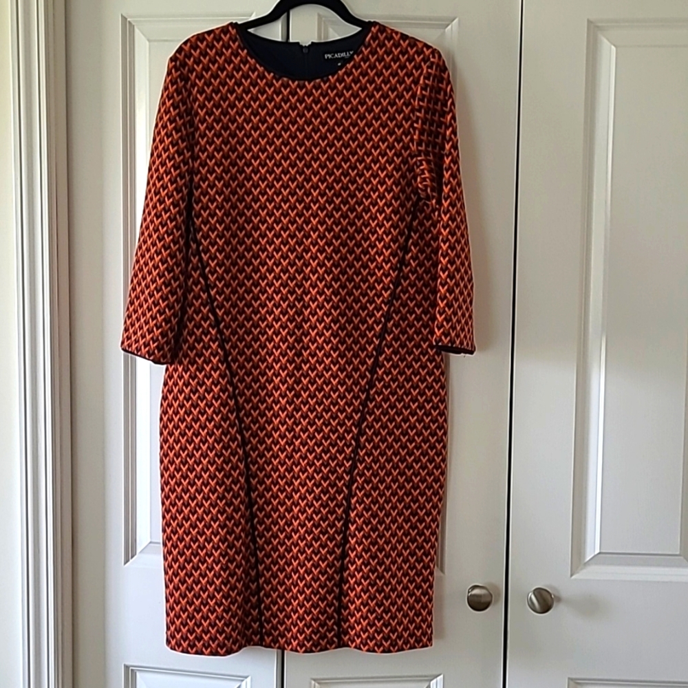Piccadilly Orange and Navy Harringbone Long Sleeve Midi Sweater Dress Medium